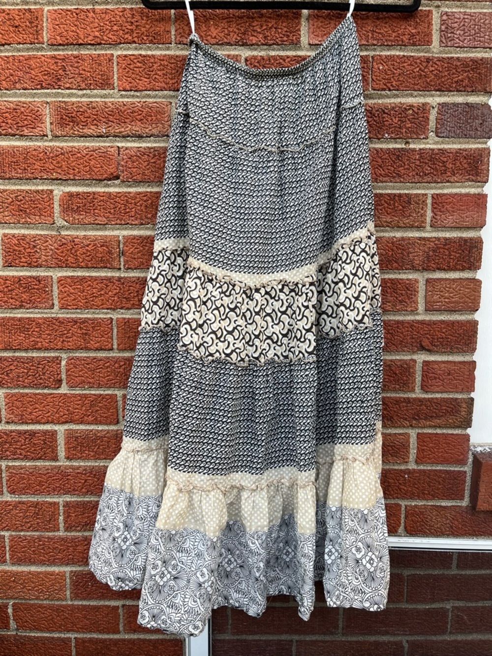 Boho Tiered Maxi Skirt in Black and Cream petite small cotton